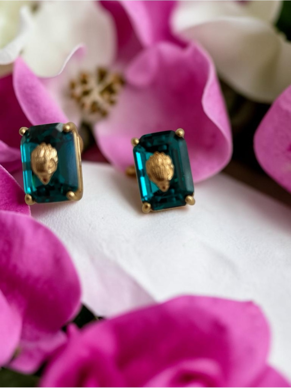 Kurt Geiger Teal Rectangular Crystal Stud Earrings with Gold Detail, new